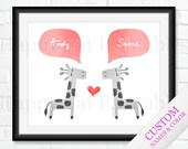 Giraffe Personalized COUPLE Art Printable Wall Decor Name Wall Art Animal Engagement Gift Red Gray Print Custom Home Decor Love Heart 8x10