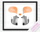 Fox COUPLE Digital Art Printable Wall Art Personalized Wall Decor Name Animal Tangerine Gray Print Custom Home Decor Poster Love Heart 8x10