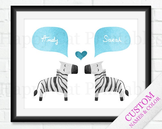 Zebra Cute COUPLE Printable Wall Art Personalized Wedding Gift Name Wall Decor Animal Cyan Blue Gray Print Custom Home Decor Love Heart 8x10