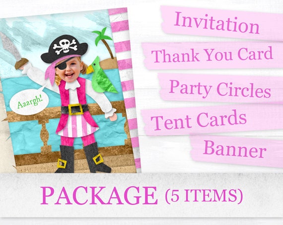 Pirate Girl Birthday Party PACKAGE Printable - Invitation - Thank You Card - Party Circles - Pennant Bunting Banner - Buffet Food Tent Cards