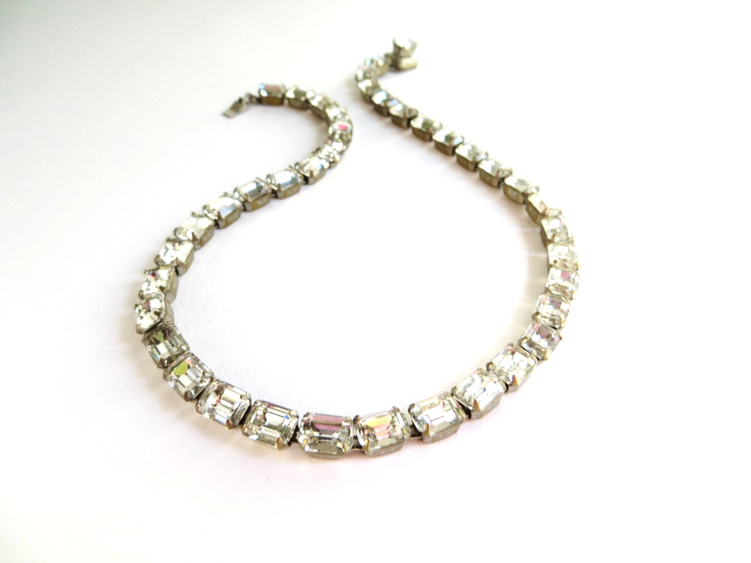 Vintage Rhinestone Choker, Square Clear Rhinestone Necklace, Brass Tone Metal, Large Rectangle Rhinestones