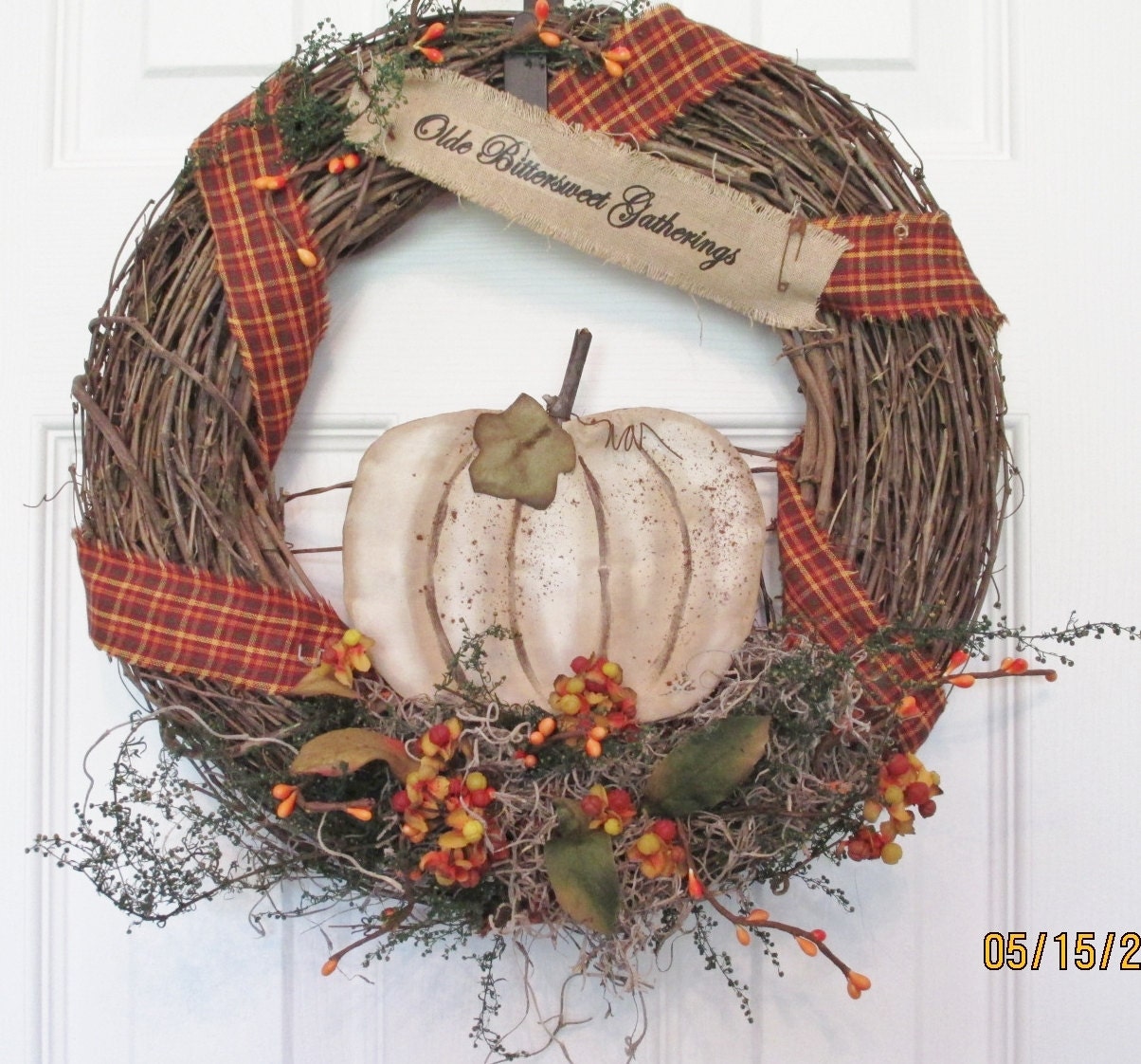 Primitive Fall Halloween Folk Art Country Wreath with white pumpkin and bittersweet