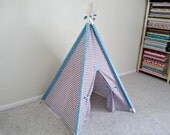 Chevron Play Tent Gray Chevron Teepee with Prairie Blue Sleeves and Tie Backs Ready to Ship