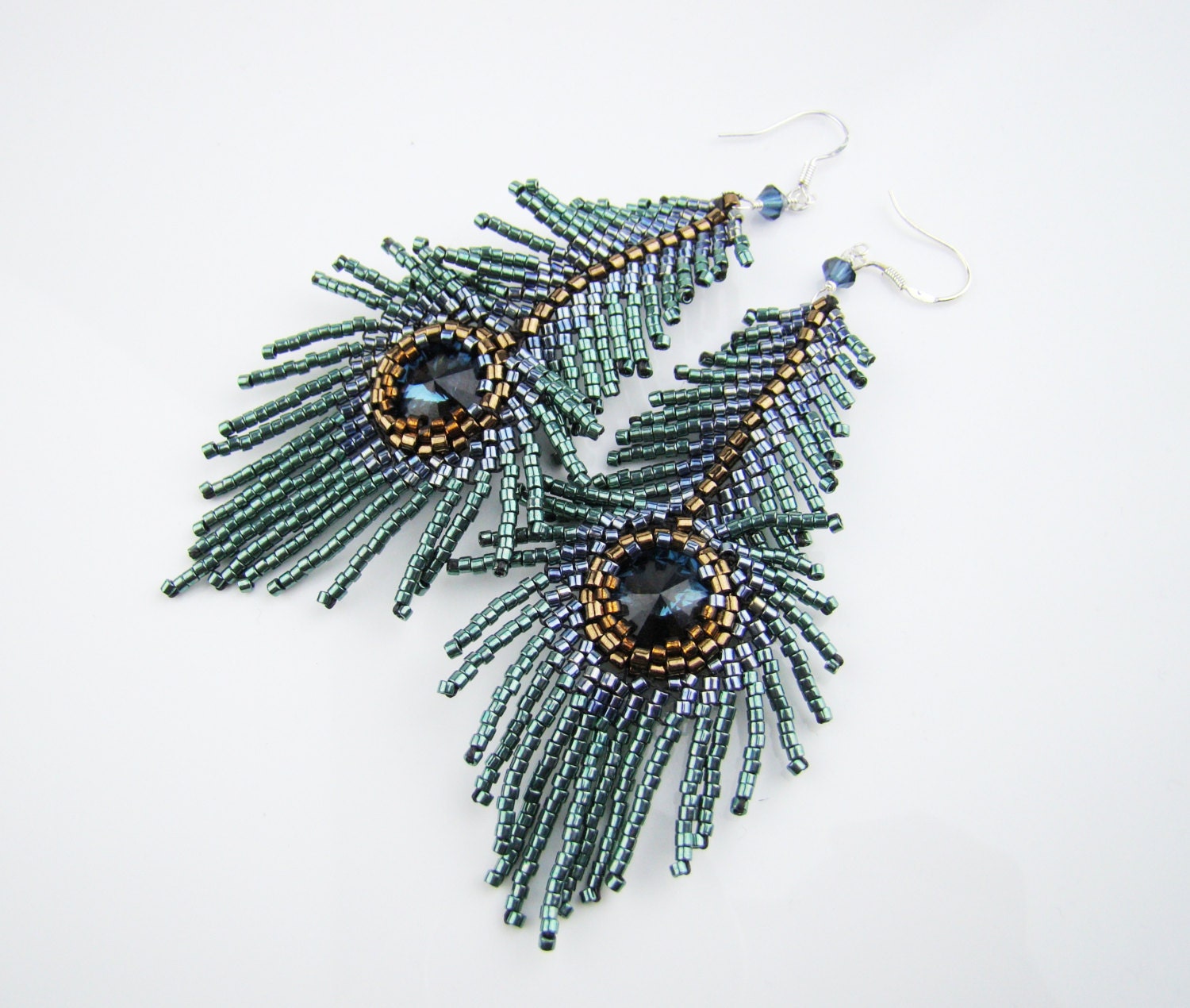 Peacock feather earrings, seed bead earrings, denim Swarovski crystal earrings, green seed bead earrings, one of a kind, 7PM boutique - 7PMboutique