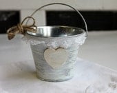 small flower girl bucket / basket . personalize heart . vintage white ruffle lace . shabby chic flower girl basket