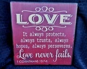 wooden sign,love never fails, subway art, wall decor, shabby chic, 1 corinthians, love is