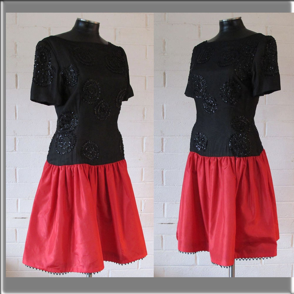 Formal Evening Dress - Valentine Dress - Bill Blass Evening Drop Waist Red and Black Silk with Beads and Lace