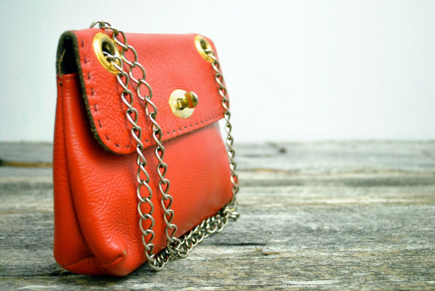 Chain Strap Purse  -  Red Leather Bag  -  Vintage Shoulder Bag
