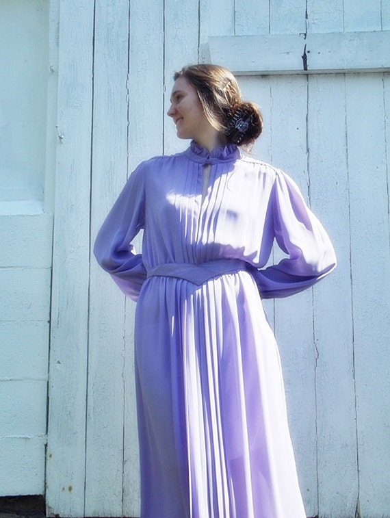 Vintage 70s Purple Formal Dress Shear Long Full length Casual With Belt
