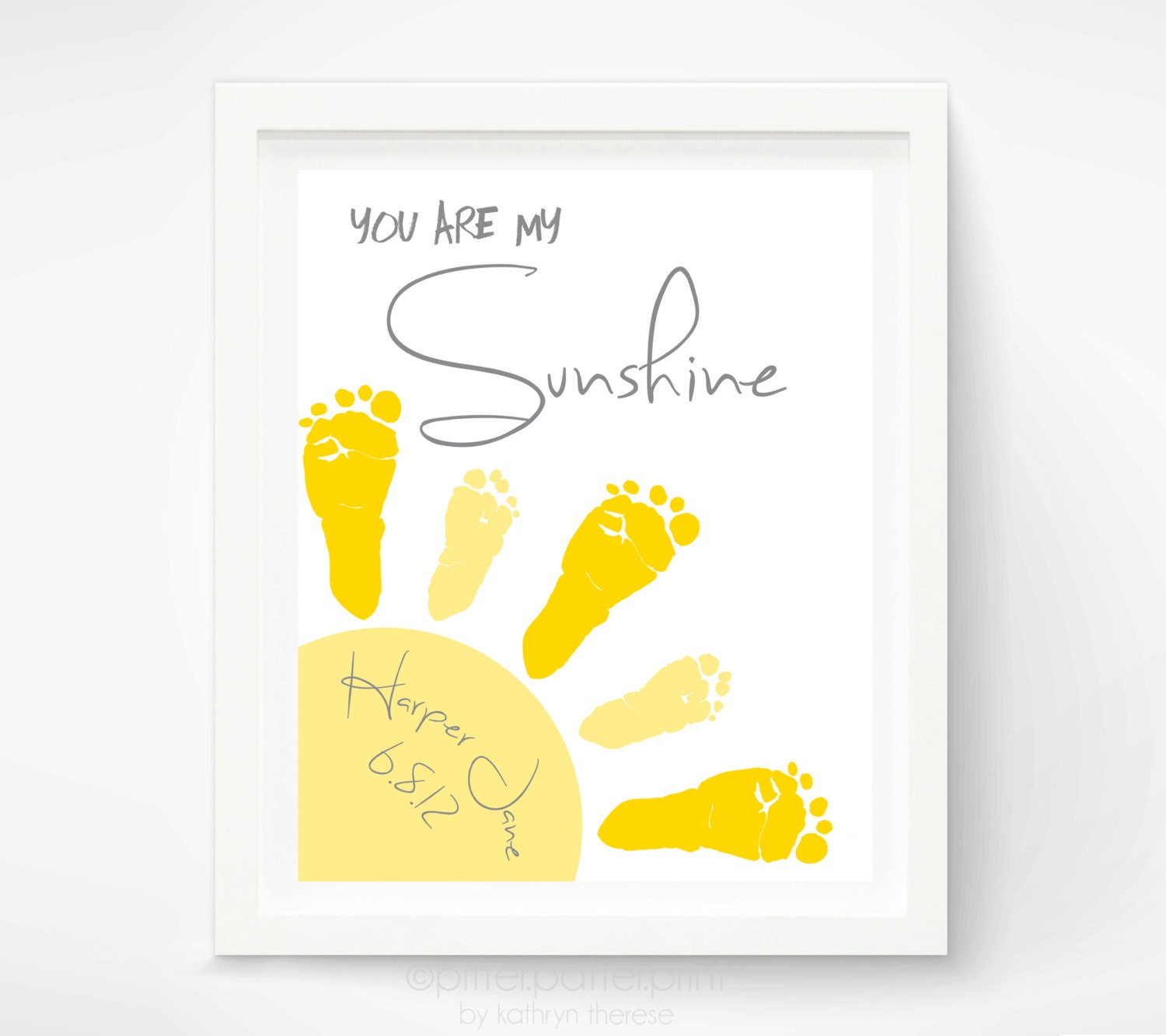 You Are My Sunshine Wall Art Print - Baby Footprint Sun - Gray & Yellow Nursery Art - Baby Wall Art - Nursery Decor