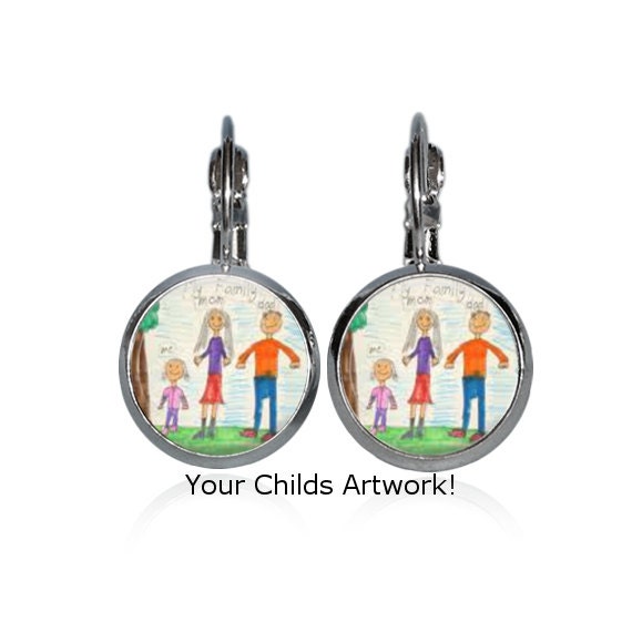 Custom Earrings Your Child's Artwork Featured on Silver Bezel Leaverback Earrings Artisan Made in USA  Gift Boxed For Mom Grandmas