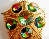 Vintage Lisner Brooch Rivoli Rhinestones Starburst