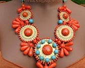 Statement Necklace - Turquoise and Coral Bib Necklace - Anthropologie and J Crew Inspired - Big Bold Chunky Beaded Bib Bubble Necklace