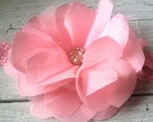 Pink, Light Pink, Satin & Tulle Fabric Flower, Headband, Hair Clip, Shabby Chic, Girls, Hair Accessory, Brooch, Embellishment