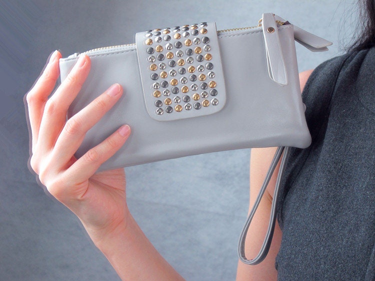 Zip Clutch Bag Wristlet - Faux Leather - Grey with Rivets Stud & magnet button - Women - Handmade Bags Purse Wallet Handbag