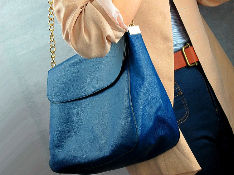 Blue Vegan Leather Bag - Electric Blue with Golden Chain - Women Clutch Purse Bag Handbag - Handmade