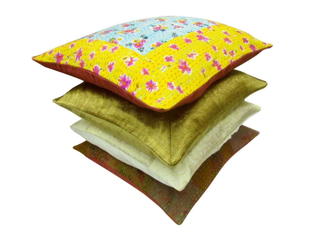 Satin Cushion Cover Set Handmade Decorative Throw Floral Embroidered Indian Pillow Cover 16x16 - PL2910