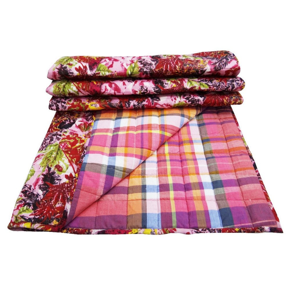 50" X 40" Pink Baby Quilt Handmade Floral Embroidered Bedspread Crib Size Gudari Reversible Cotton Ralli - NGQ253