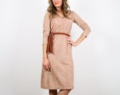 Vintage XS S Champagne Tan Brown Belted V Neck Skinny Midi Wiggle Shirt Dress