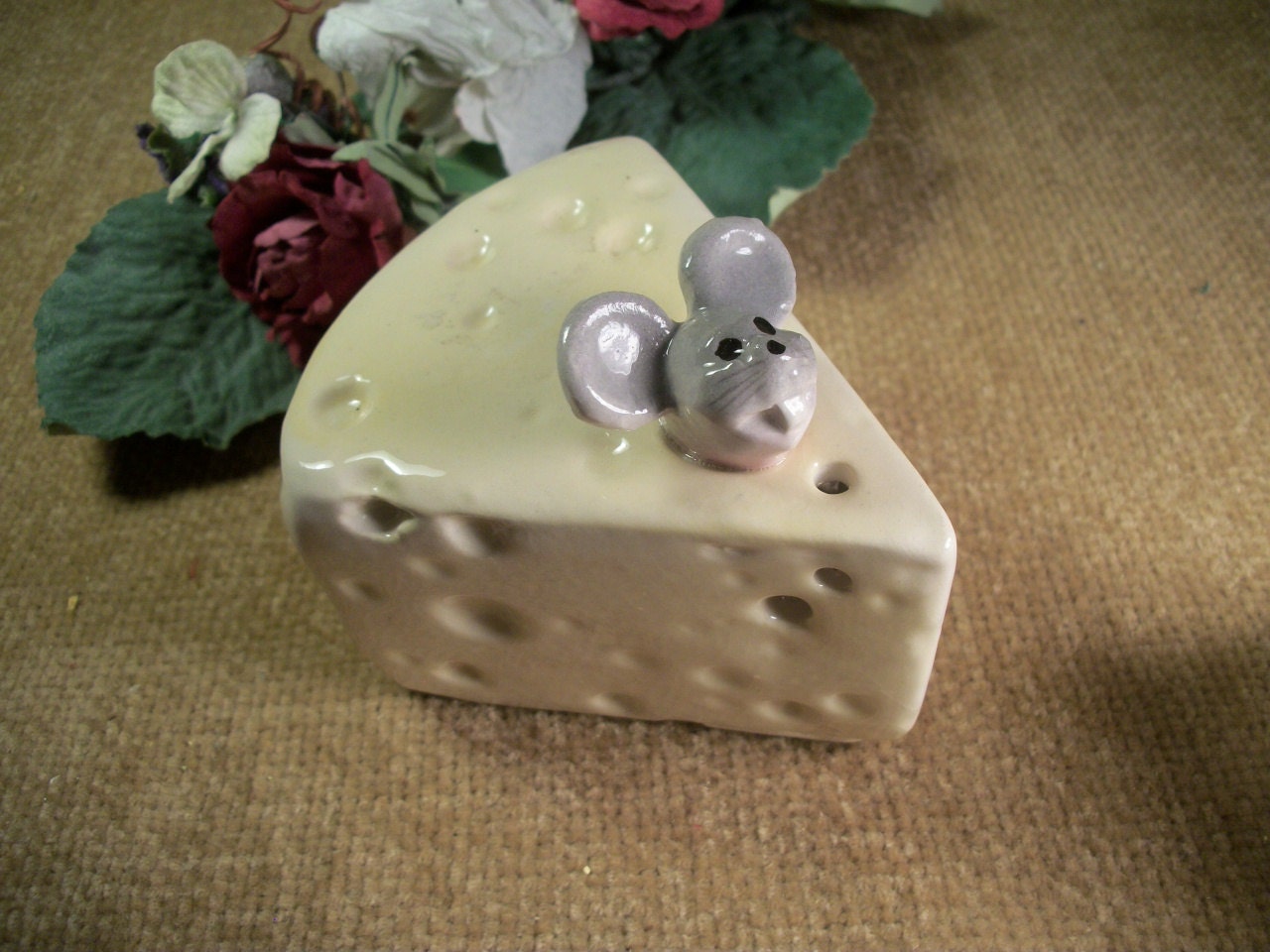 Ceramic Tableware, Mouse Cheese Server, Grey Mouse, Wedge of Cheese, Shaker, Hand Painted, Dan's Workshop, Made in the USA