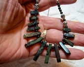 143) Fan Necklace with Kambaba Jasper with black onyx stone beads, silver bead caps and chain.