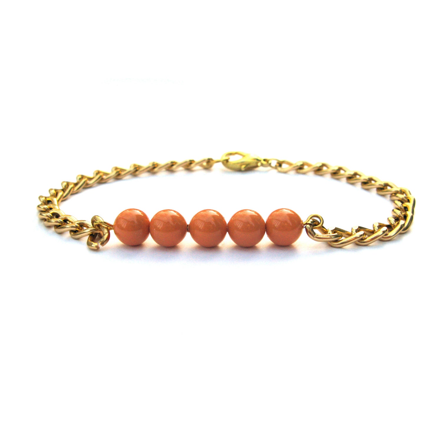 Spencer Arm Candy Coral Orange Pearl Bracelet Swarovski Elements Crystal Pearl Delicate Bead Bracelet Petite Gold Chain Bracelet Arm Candy