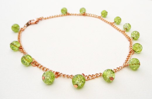 Green Glass Beaded Copper Charm Anklet