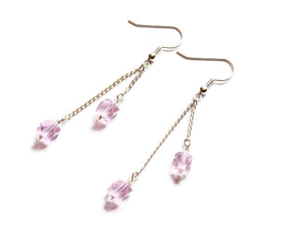 Light Pink Earrings- Dangle Drop Earrings. Silver Chain Earrings. Light Pink Beaded Earrings. SALE ITEM