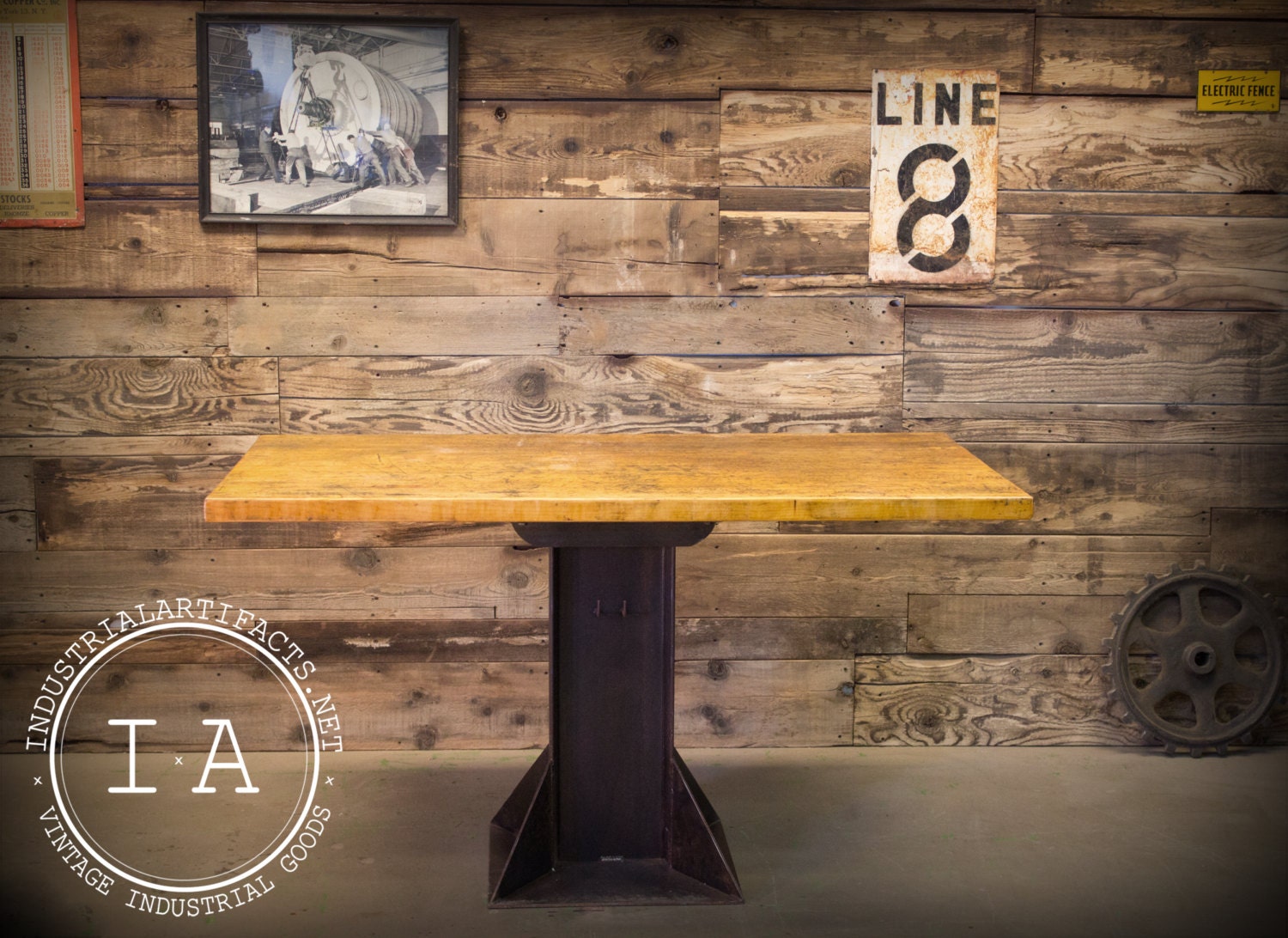 FREE SHIPPING Vintage Industrial Machine Base Dining Table Workbench Desk Island Maple Butcher Block Top Cast Iron Base Steampunk