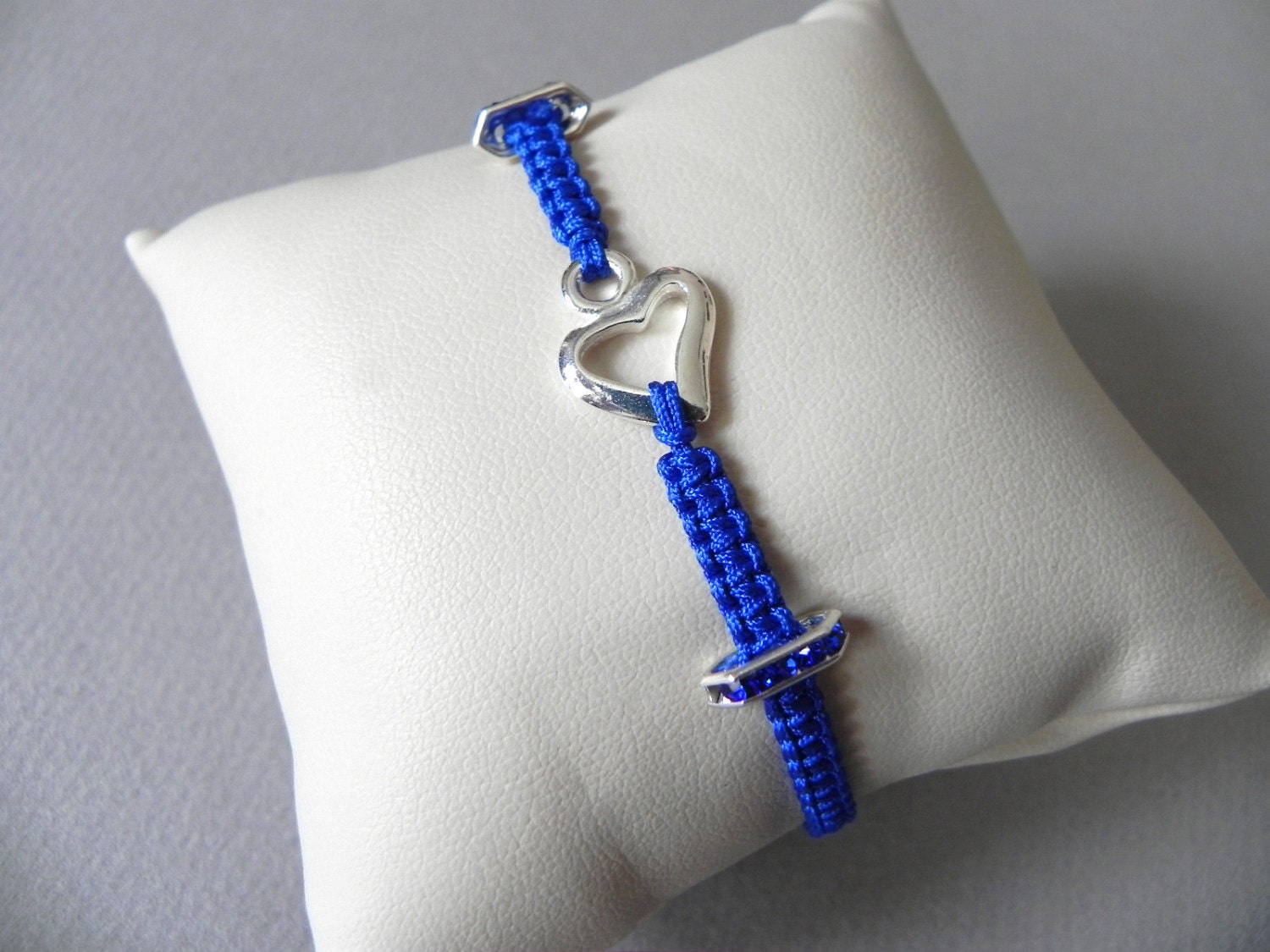 Royal Blue Beaded Macramé Bracelet with Silver Rhinestone Charms and Silver Heart Charm