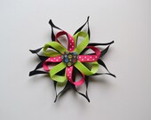Black Apple Green Hot Pink Swiss Polka Flower Hair Bow - Peace Hair Clip - Loopy Ribbon Flower Hair Clip - Women Teen Girl Hair Accessories