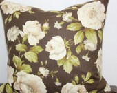 Chocolate Brown and Cream Roses  Beige Green Cotton         Super Soft Pillow Cover
