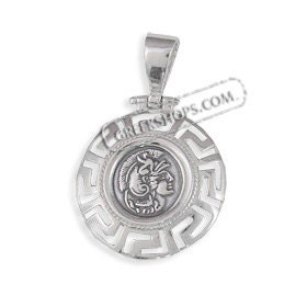 Sterling Silver Pendant - Ancient Athena Coin & Greek Key (27mm)