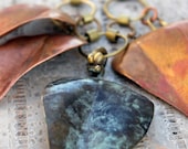 Statement necklace - rose petals - copper leaves - green patina pendant  - nature jewelry - OOAK - metal smith necklace - hand stitched