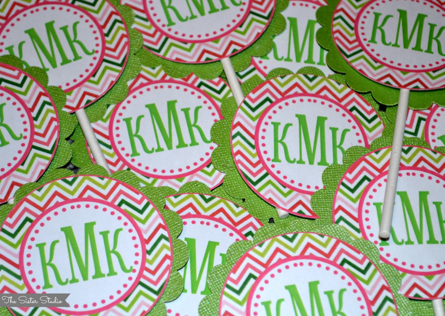12 Chevron Monogram Toppers - Pink and Green - Birthday - Baby Shower - Chevron