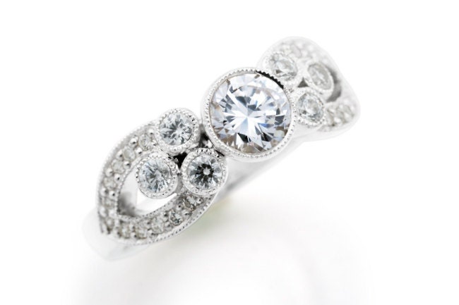 Platinum Diamond Engagement Ring. Multi stone ring. Vintage style. Millegrain. Bezel set. Luxury Diamond Ring. 0.8 ct