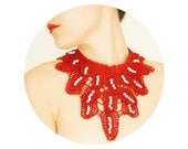 Lyeenia // Handmade Dark Red Pearl Crochet Cotton Lace Collar Necklace Applique Blouse Accessories Bib Necklace