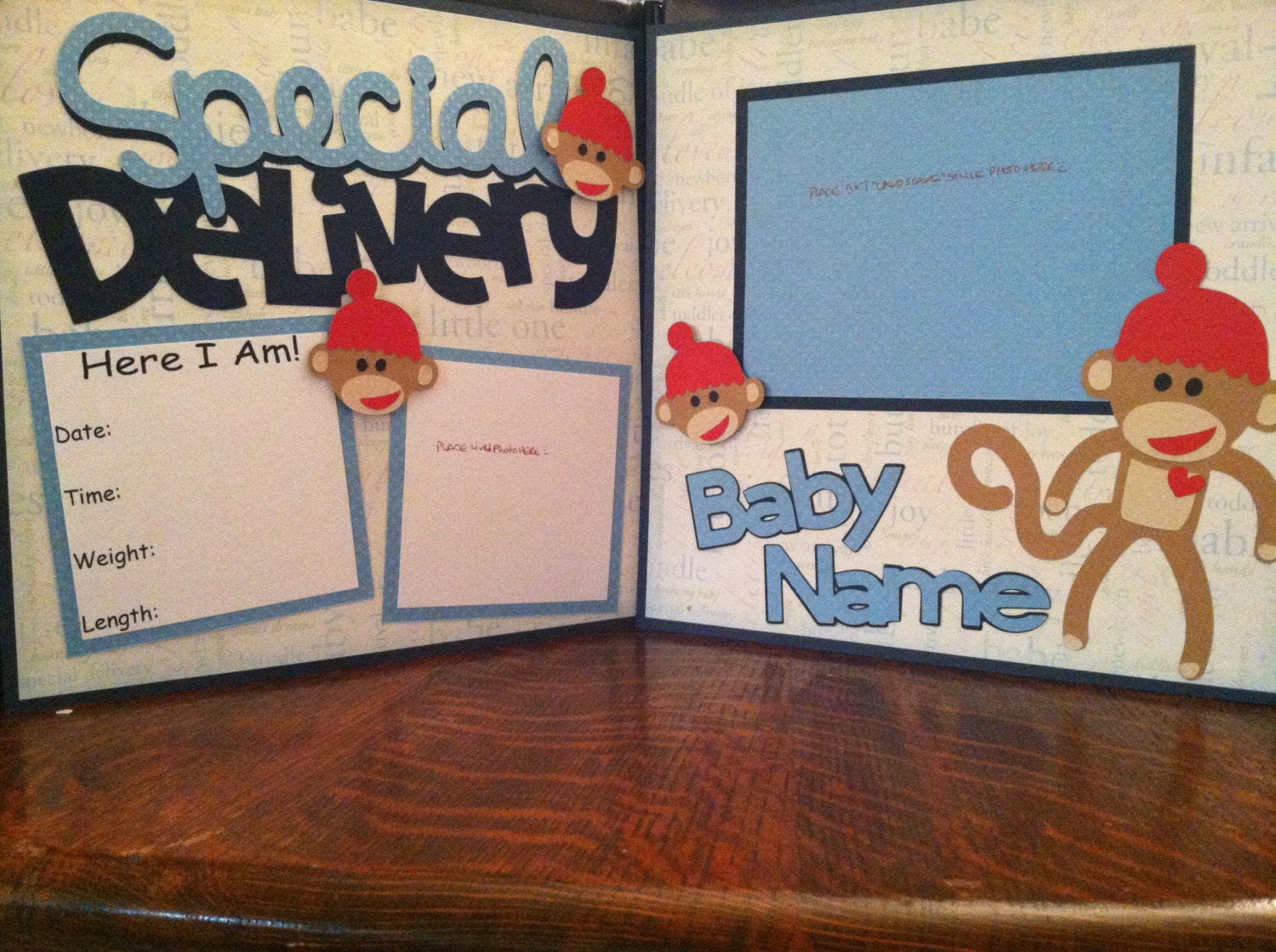 Baby Boy Special Delivery With Super Cute Sock Monkeys Customized With Baby's Name Pre Made 12 x 12 Double Page Layout