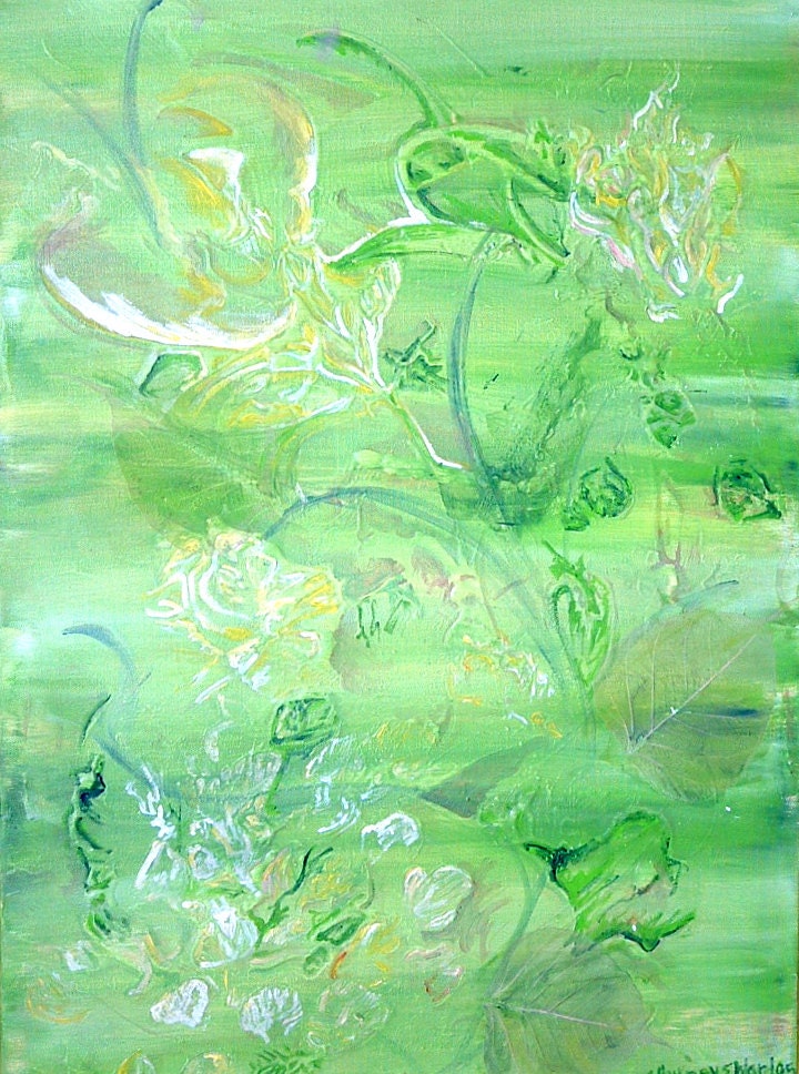 Shabby Chic Home Decor: Abstract Acrylic Painting with Leaves, Flowers, Green and Yellow Paint