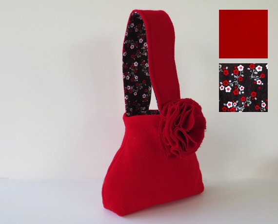 RETRO FLOWER BAG from upcycled wool -  Red bag & flower