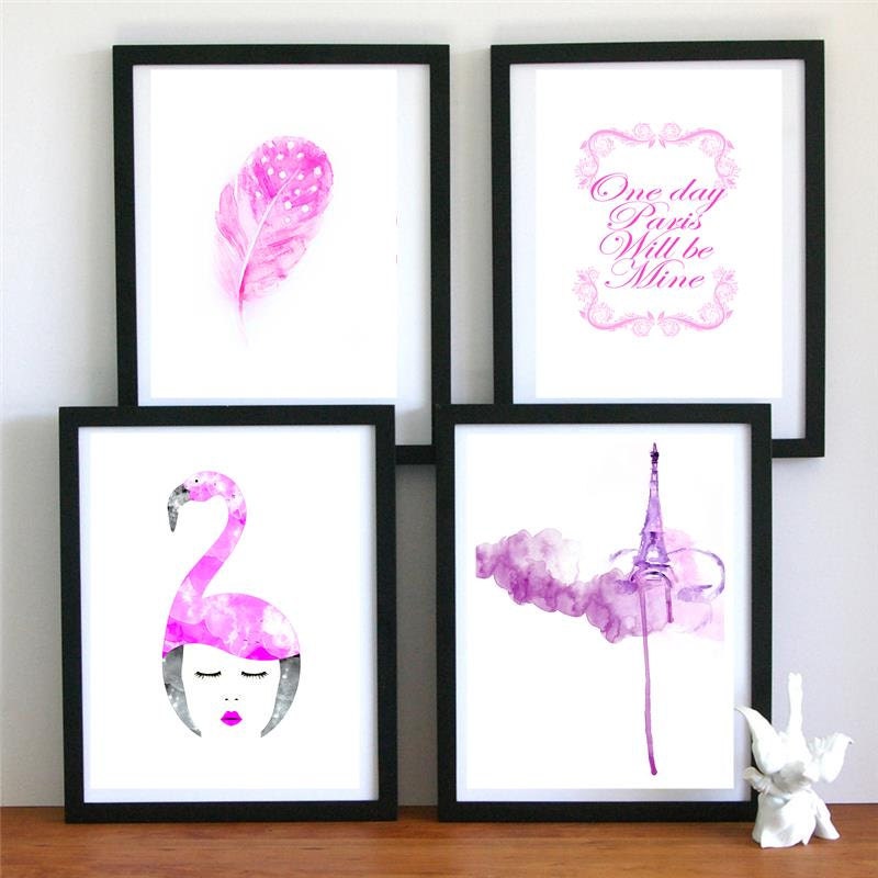 4 pink paris eiffel tower - original Illustration art print - A4 Size - black and white Poster - watercolor print