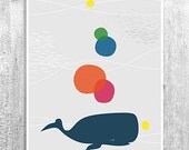 Sleeping Whale Childrens Nursery Wall Art Digital Print Sea Fish Poster Kids Bathroom Art Blue White Grey Red Yellow Giclee Print