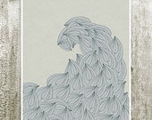 Great Wave Wall Art Digital Print Neutral Home Decor Grey Blue White Leaves Water Illustration Giclee Print