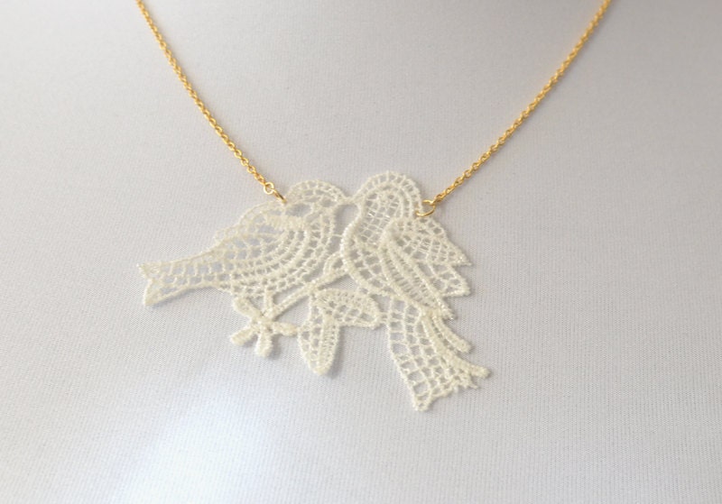 Love Birds Necklace - Spring Celebration - Gifts for Nature Lovers / Bird Lovers - Bird Necklace - Bird Jewelry - Lace Necklace