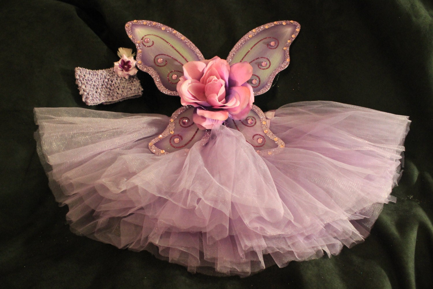 4 piece lavender glitter butterfly wings two toned rose, rose hair pin, crochet headband , tutu, , girls newborn photo prop ready to shi
