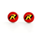 Mens Cufflinks - Comic Book Jewelry - Robin Cufflinks - Gifts for Groomsmen - Superhero Logo Emblem Accessories for Men