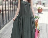 women's blue green red flax Sexy Casual big Pleat  Linen Maxi Dress Day dress sleeveless big pocket Sundress Long Maxi Skirt qz45