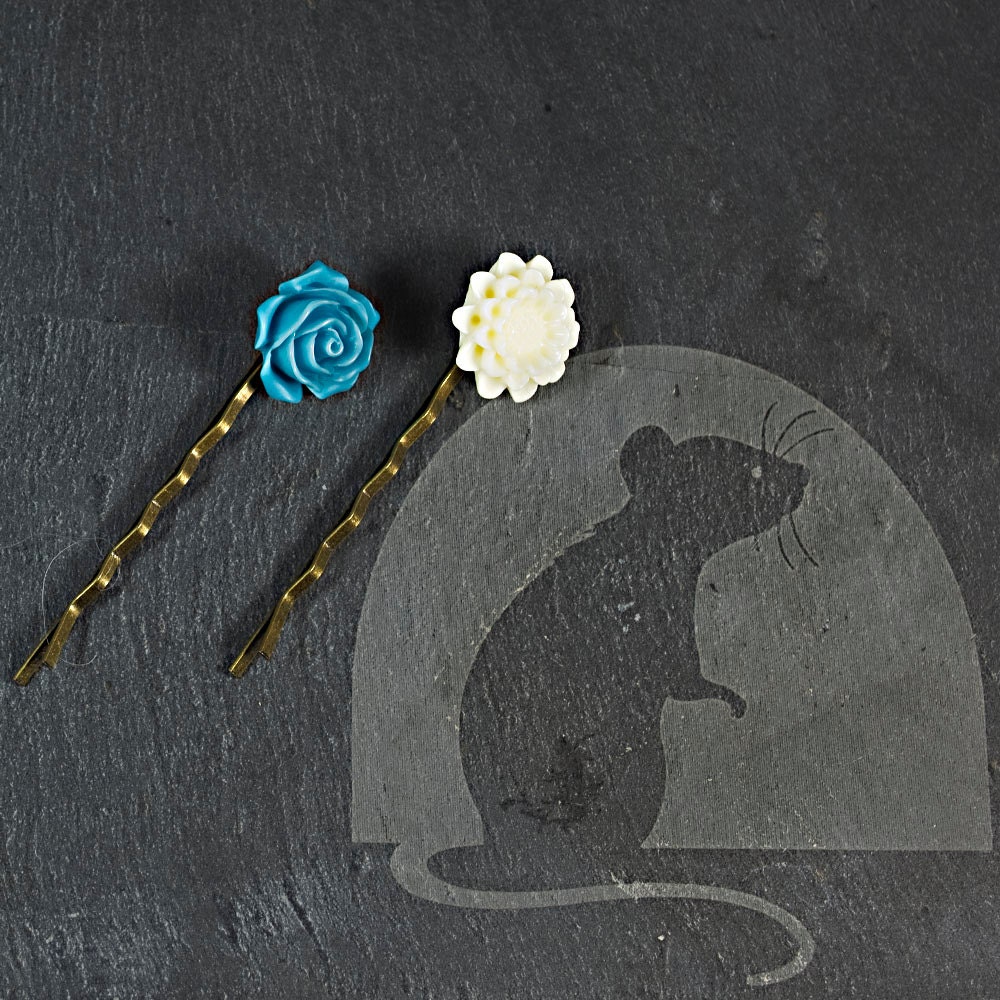 Set of Two Antique Brass Bobby Pins Cream White Blue Rose Sunflower Resin Cabochons Wedding Bridesmaids Birthday Gift Hair Accessory
