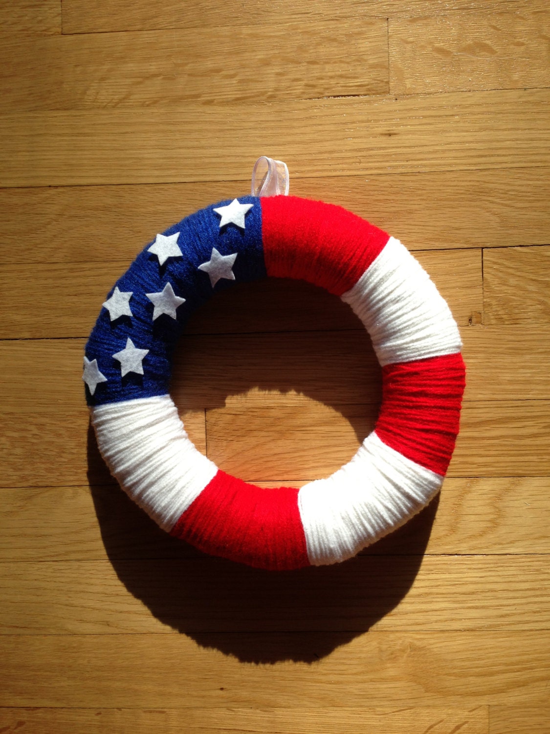 Patriotic Red and White, and Blue Yarn Wreath With Felt Stars