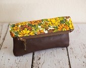 sale leather clutch,handmade bag,leather purse,foldover clutch,zippered pouch,leather and fabric bag,zipper clutch,bag,purse,handmade purse